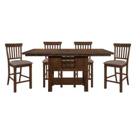 Dark Brown Finish 5pc Dining Set Storage Base Counter Height Table and 4 Counter Height Chairs Set Extension Leaf Drawers Wine Rack Table Base Wooden