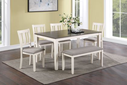 Beautiful 6-Pc Dinette Chalk Gray Finish Rectangular Table Upholstered Chair Bench Dining Room Wooden Dining Set Furniture Transitional Contemporary S