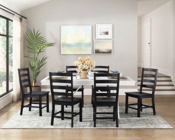 Modern Contemporary Black White 7pc Dining Set Table and 6 Side Chairs Set Wooden Kitchen Dining Furniture Casual Style