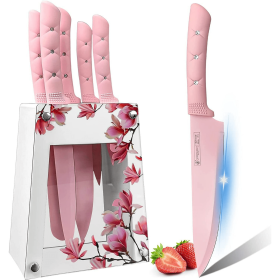 Kitchen Knife Set,Pink Flower 6PC Stainless Steel Sharp Chef Knife Set with Acrylic Stand, Cooking Non-slip Knife Set with Block (Brand: Dot Pet)