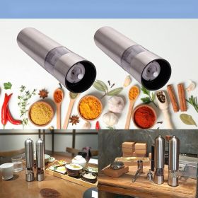 2pcs Stainless Steel Electric Automatic Pepper Mills Salt Grinder Silver (Color: Silver)